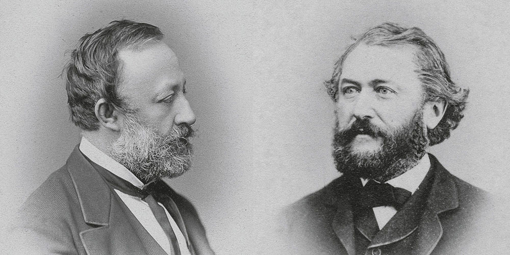 Der etwa 50-jährige Dichter Gottfried Keller um 1870 in Zürich und der 46-jährige Ingenieur John U. Mueller 1865 in Detroit.
