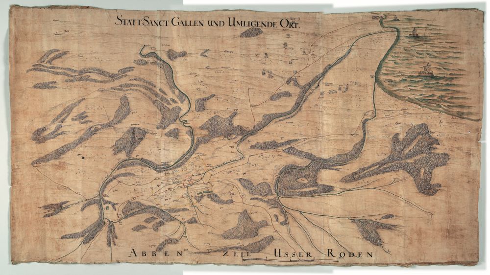 Die Karte aus dem 17. Jahrhundert zeigt die Stadt St. Gallen und umliegende Orte.